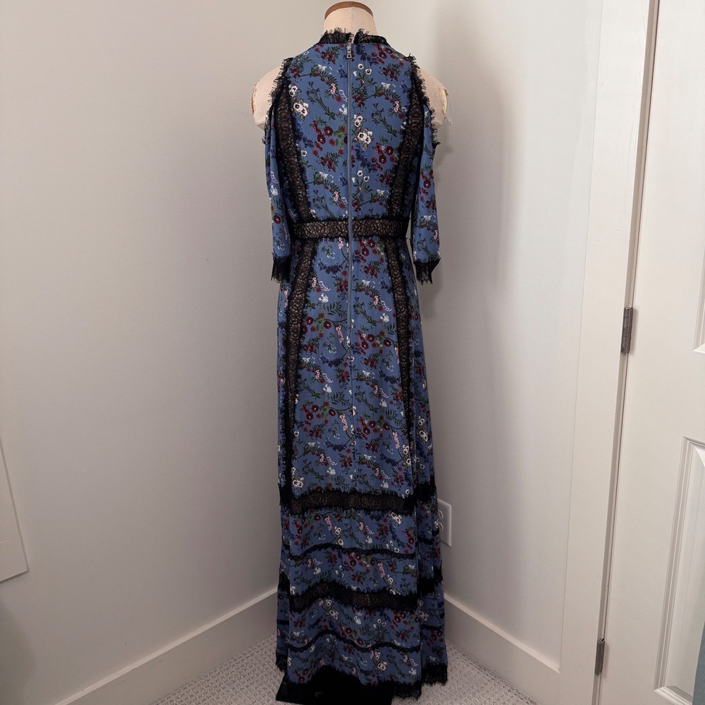 Alice + Olivia 6 Gatz Blue Floral Lace Trim Maxi Dress Peasant Boho Festival - Picture 3 of 9